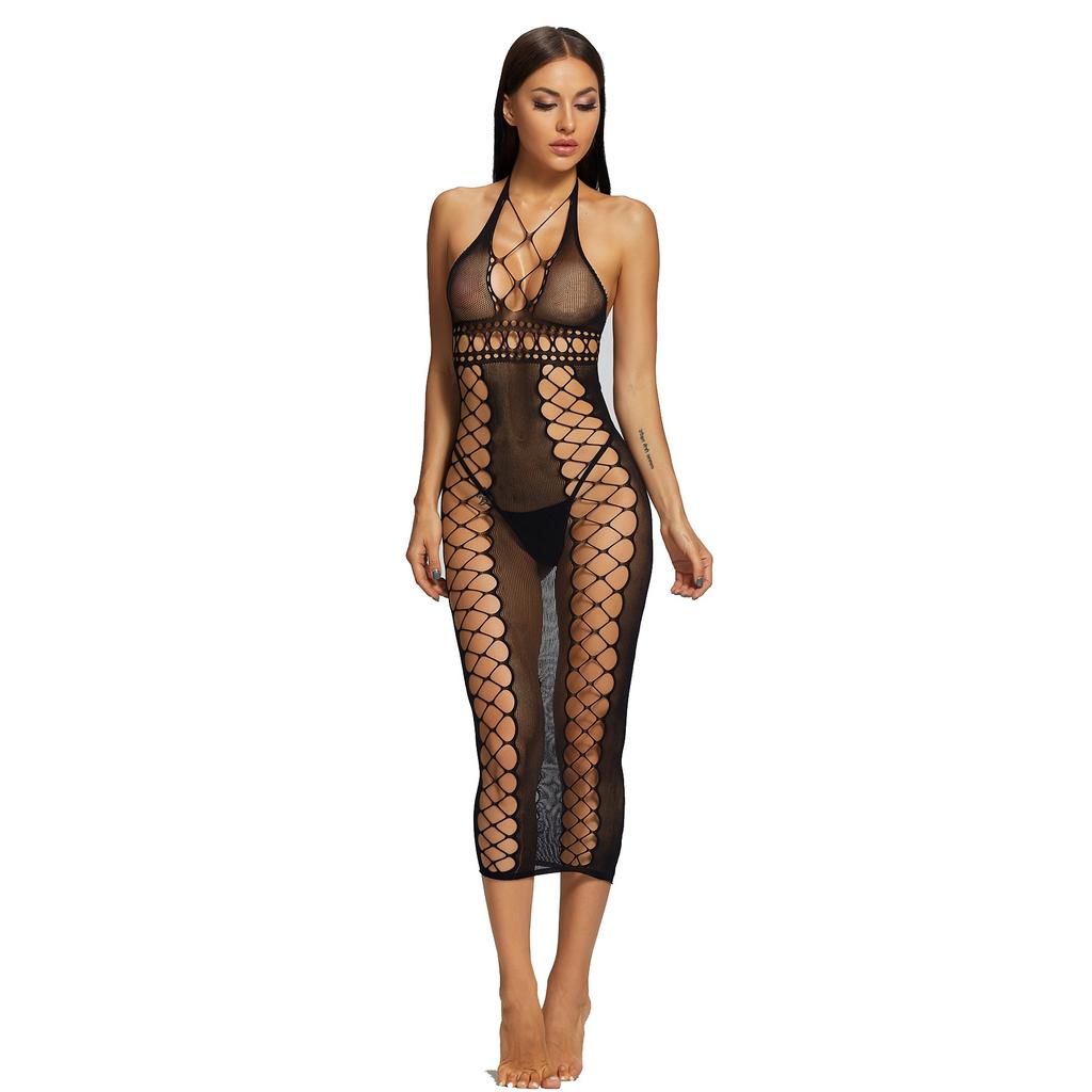 Womens One Piece Bodysuit Mesh Halter Long Dress Sexy Fishnet Dress Lingerie Backless Sexy Stocking Sexy Lingerie Dress Costumes