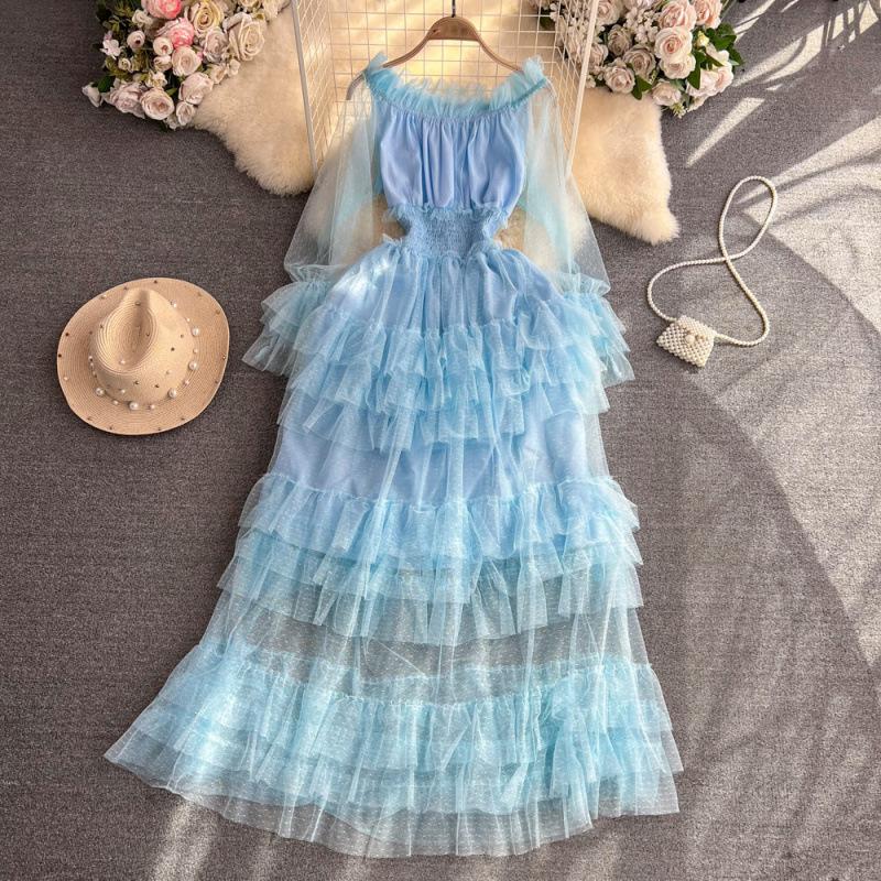 One word shoulder off shoulder waist thin a word ruffle leaf edge cake mesh dress elegant long dress temperament slim fit One size fits all синий
