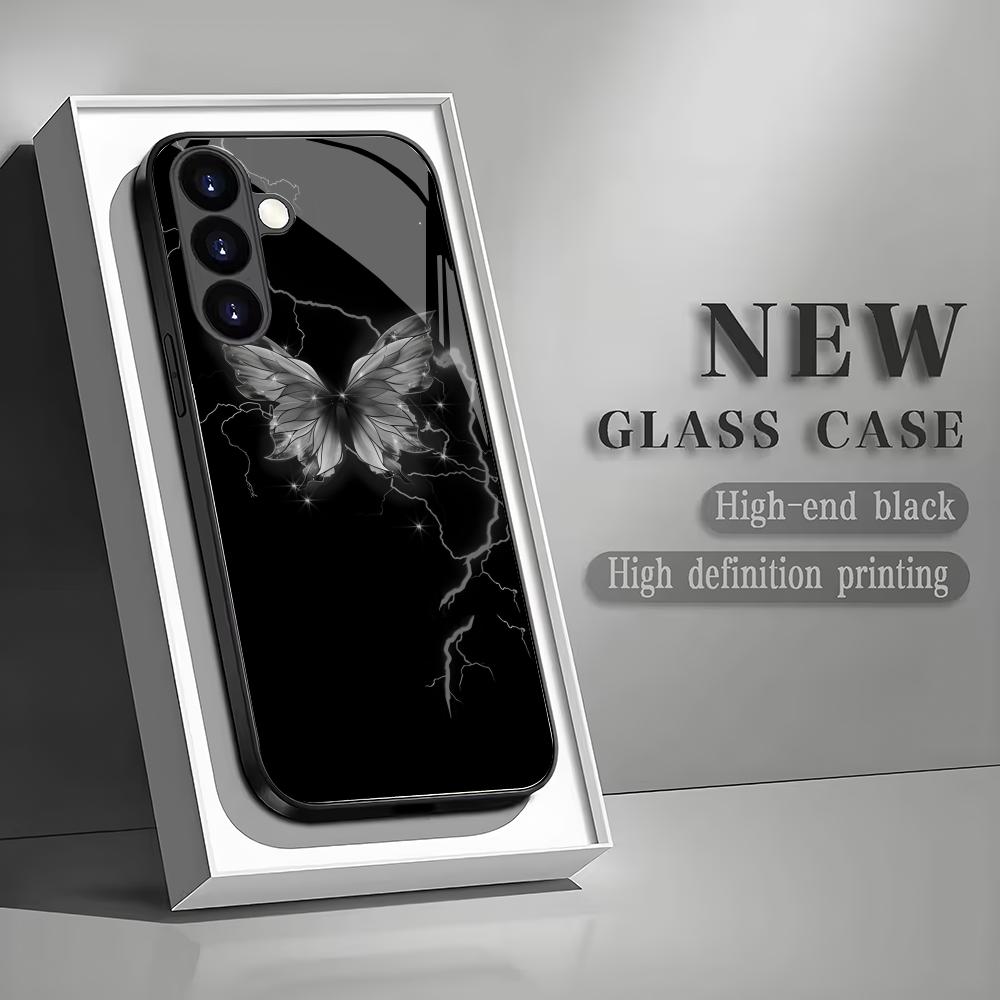 

Black butterfly pattern tempered glass phone case suitable for Samsung GalaxyS26 S25 S24 S23 S22 S21 S20FE/Ultra/Plus5Ganti drop GalaxyS26Ultra