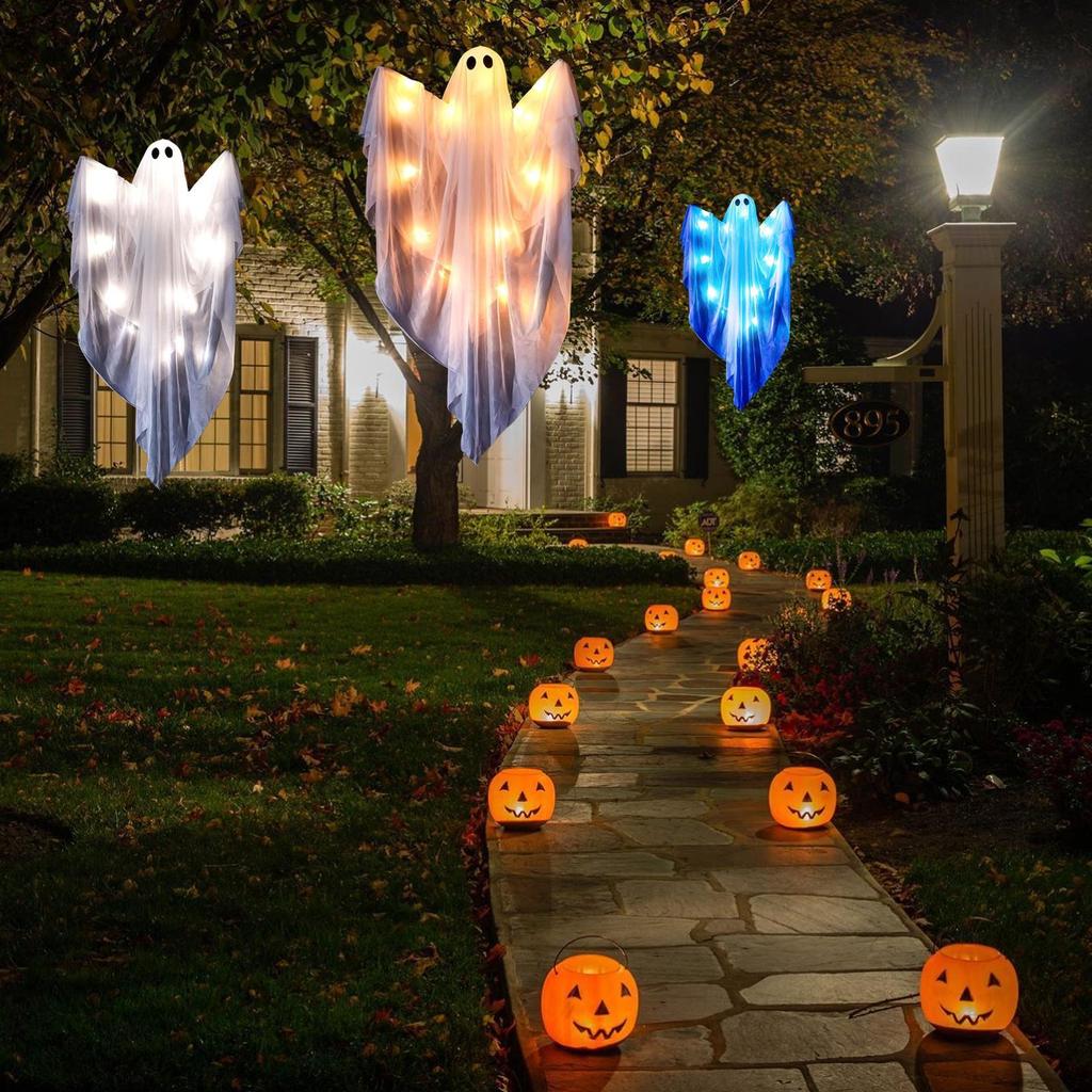 2025 Halloween Ghost Hangable Figurines LED ghost pendant with light and sounds Garden Tree Light up Ghost Decoration