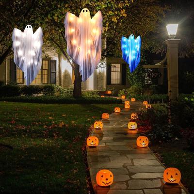 2025 Halloween Ghost Hangable Figurines LED Ghost Pendant with Light and Sounds Garden Tree Light Up Ghost Decoration