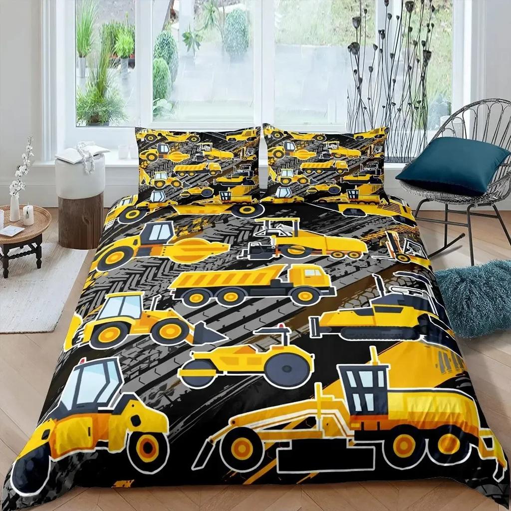 Excavator Tractor Cartoon Machinery Bulldozer Trucks Comfortable Duvet Quilt Cover Pillowcase Bedding Set Children Home Textile