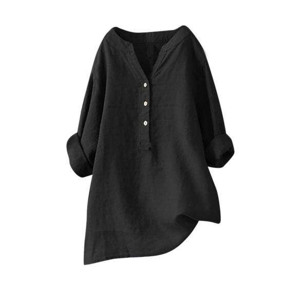 

Women Tops V-neck Buttons Half Placket Long Sleeve Mid-length Pullover Tops Loose Fit Pure Color Casual Tops Daily S