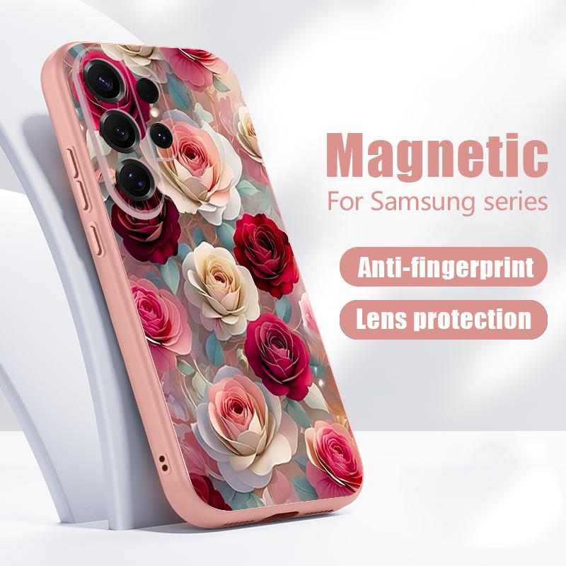 Magnetic For Magsafe Case For Samsung Galaxy S26 Ultra S25 Edge S24 Plus S23 FE S22 A17 A54 A55 A56 A57 5G Red Rose Flowers Pattern Cover