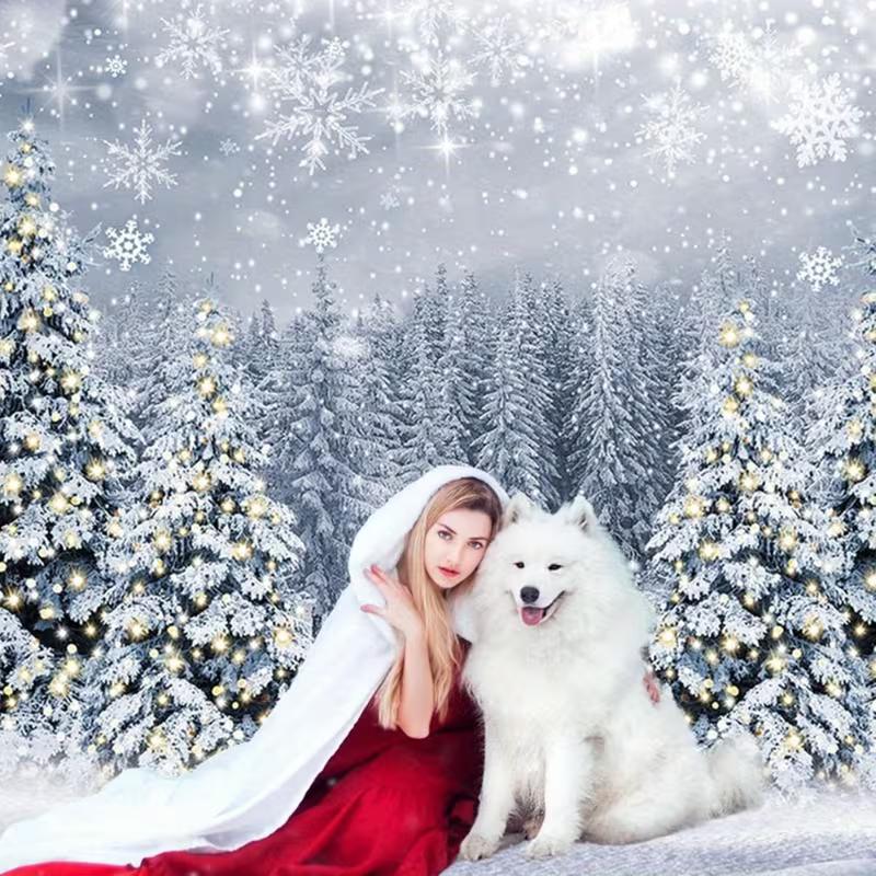 2D White Winter Christmas Backdrop, Snowy Pine Tree Forest Scene Background for Party Decoration