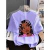 Girls' Summer Crew-Neck Short-Sleeved Top New Black Girls Cute Top Girls Clothes Cartoon Print T-Shirt Top Children's Clothing