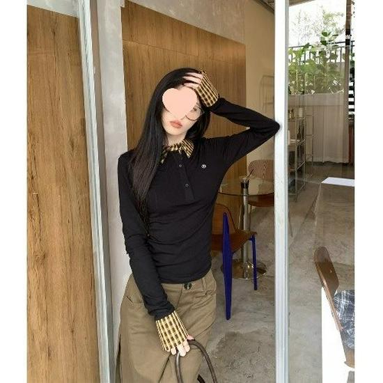 Plaid Polo Collar Spliced Faux Two-Piece Long-Sleeve Slim Fit Knitted Women's T-Shirt for Spring and Autumn