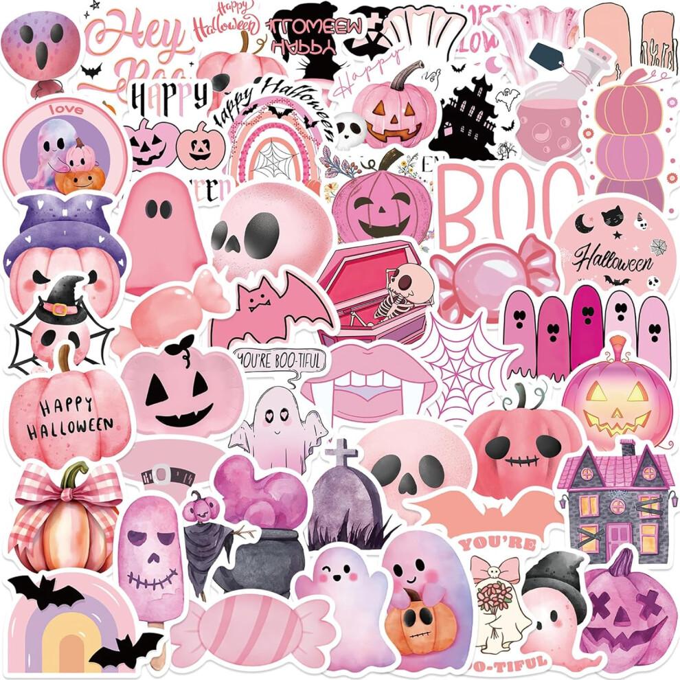 50pcs Kawaii Pink Halloween Stickers - Ghost & Pumpkin Theme, Waterproof Vinyl Decals for Kids Youth & Adults Holiday Party Favors & Gifts