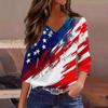 Womens V Neck 34 Sleeve Loose Fit Casual Blouse Flag Print Top Seven Quarter Sleeve Shirt for Daily Wear