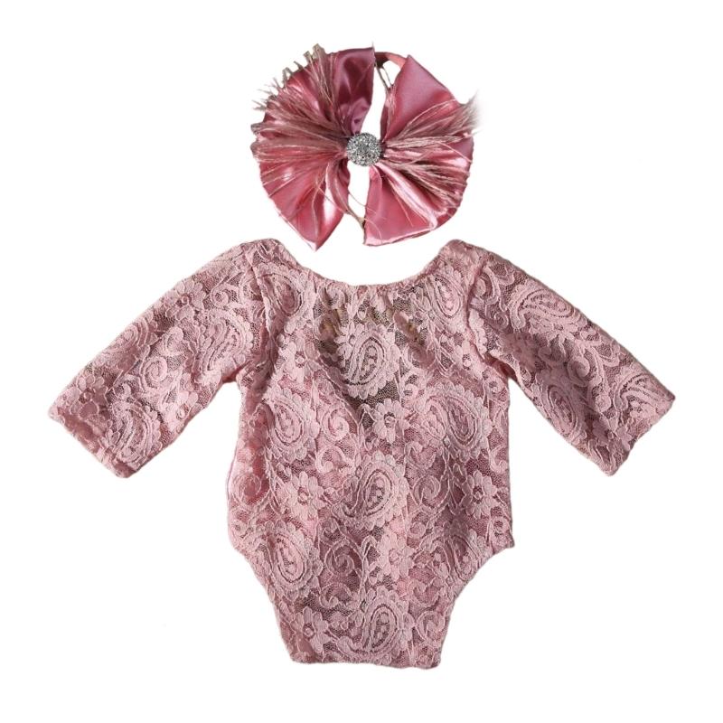 

Elegant Lace Romper & Headband Set Soft Baby Clothing set for Newborn Baby Photography Perfect for Special Occasion персиковий
