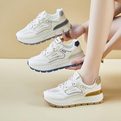 Women's Summer Breathable Mesh Sneakers Comfortable Lace-Up Running Shoes PU Leather Chunky Platform Walking Shoes Non-Slip Tennis Sneakers for Women