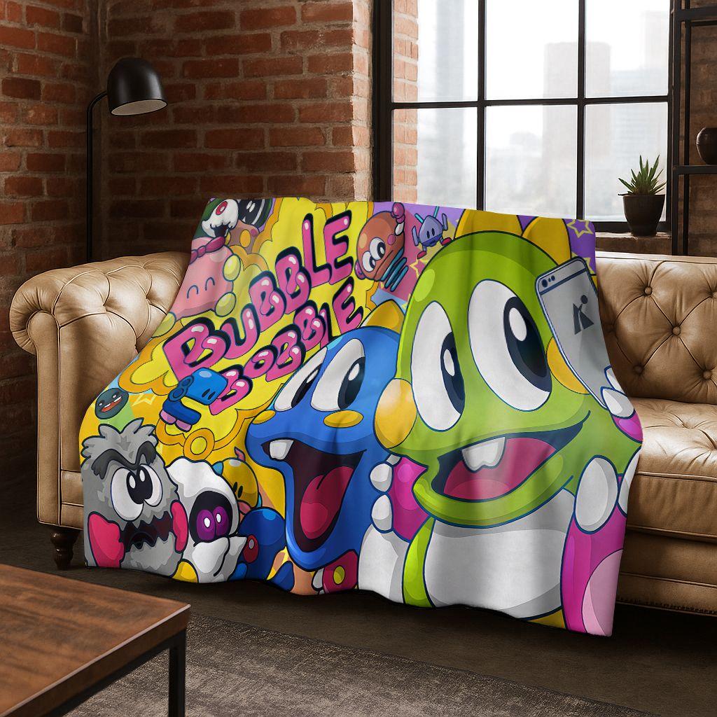3D Retro Game Bubble Bobble Cartoon Flanellen Deken, Gezellige Zachte Plaid voor Huis Slaapkamer Bed Bank Picknickhoes Cadeau Kinderen