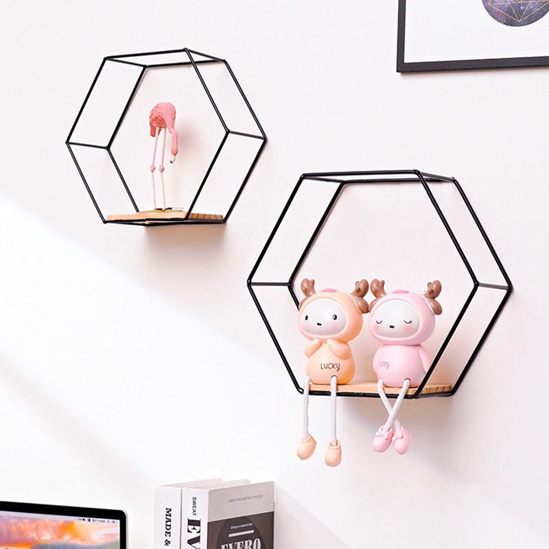 3Pcs/Set Hexagon Shape Iron Wall Shelf Metal Storage Decor Shelves with Wood Board Bedroom Living Room Handicraft Display Racks