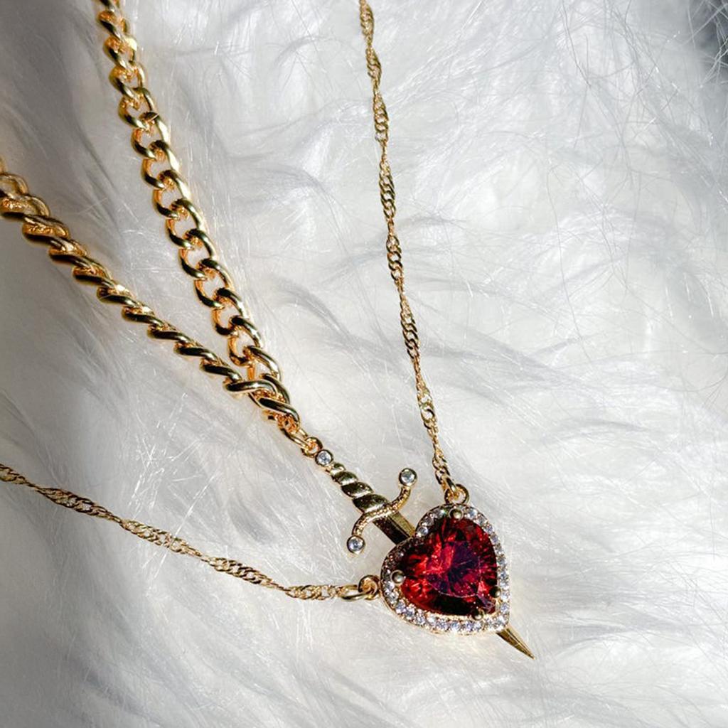 Gold Red Crystal Heart Dagger Pendant Layered Necklace Heart And Sword Necklace For Valentine's Day Couple