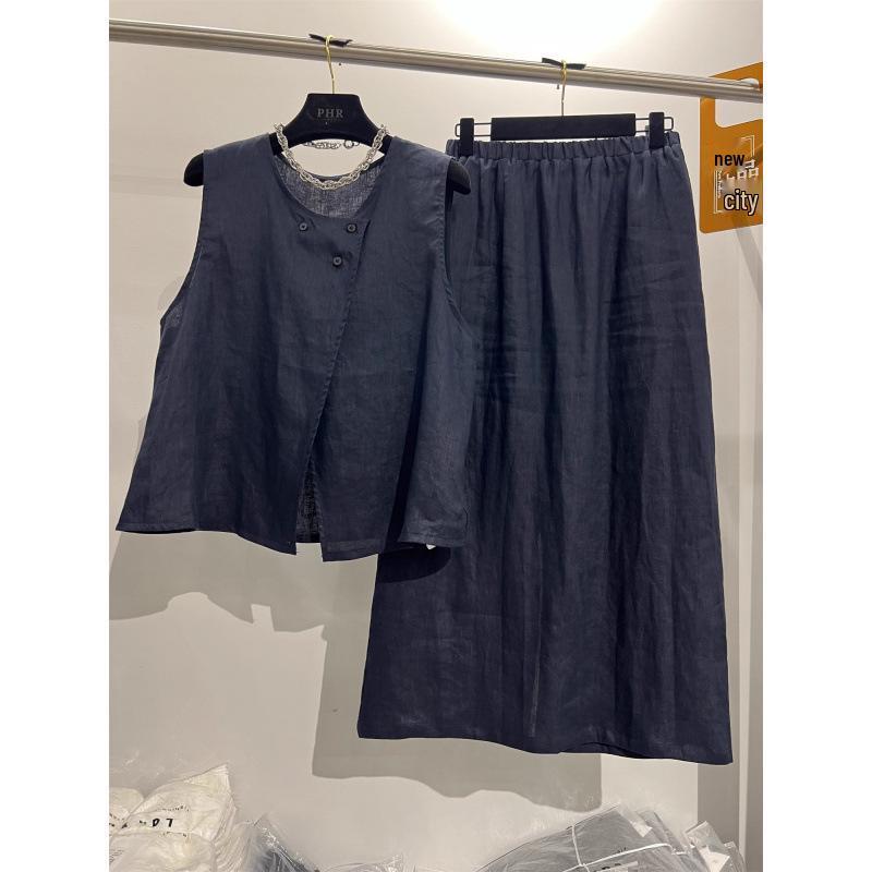 High-End Linen Two-Piece Set: Sleeveless Vest & High-Waisted Skirt for Summer M