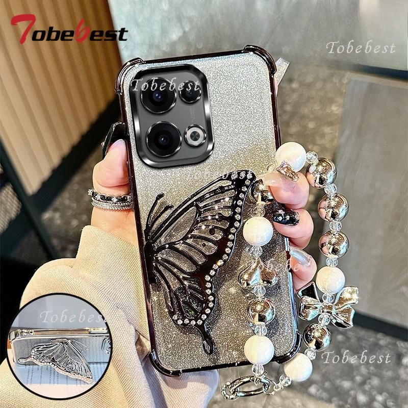 

Блестящий противоударный чехол с гальваническим покрытием и браслетом-бабочкой с зыбучим песком для OPPO Reno 13 13F 14 14F 12 12F 11 11F 10 Pro Plus Oppo Reno10 Pro+ чёрный