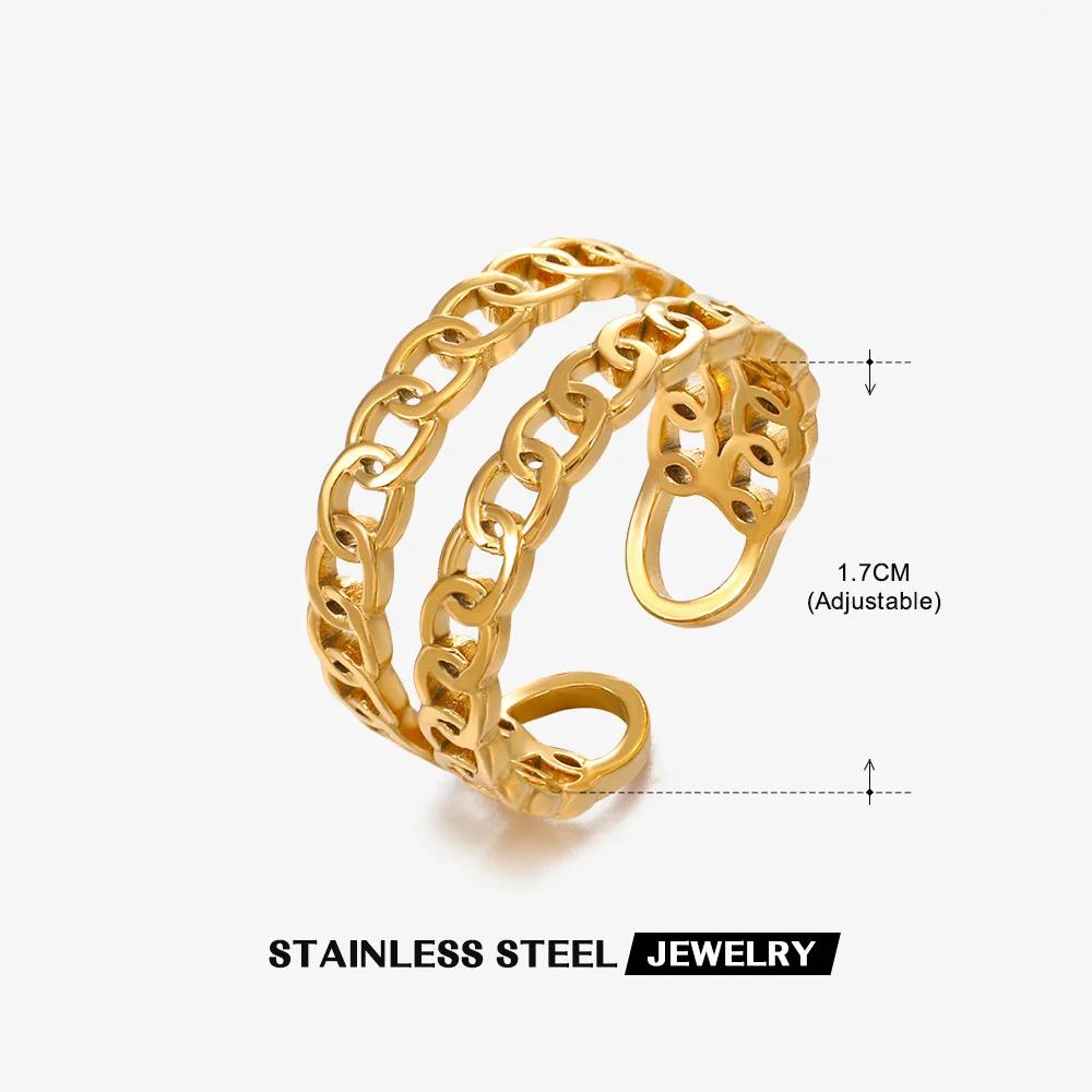 1Pcs Stainless Steel Geometric Chain Hollow Ring For Women Trendy Simple Personality Open Ring Waterproof Jewelry Accessories