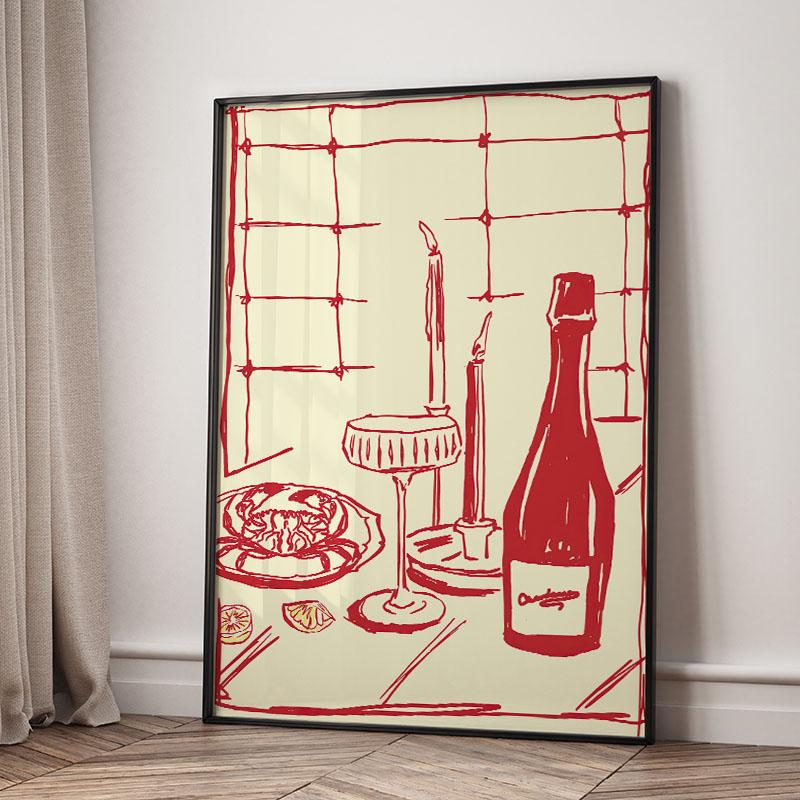 Red Hand Drawn Dining With Wine And Crab Coffee Modern Food Wall Art Canvas Painting Abstract Poster Hotel Bar For Kitchen Decor