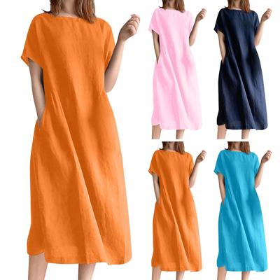 Women's Summer Large Loose Solid Cotton Linen Round Neck Short Sleeve Pocket Medium Length Dress