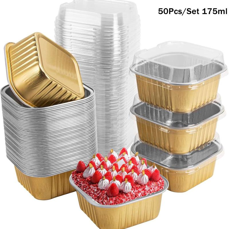 50 Pcs Aluminum Foil Baking Pans Rectangle Cake Cup With Lids Heat Resistant Mini Loaf Pans For Baking Kitchen Accessories