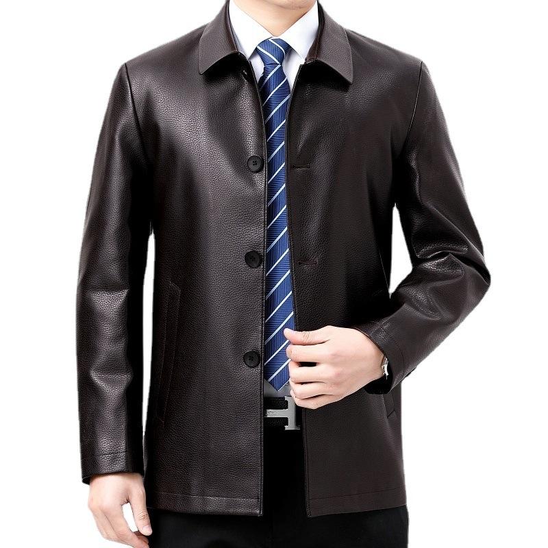 

Новая куртка из натуральной телячьей кожи для мужчин на весну и осень, повседневная куртка с лацканами высокого класса для мужчин среднего и пожилого возраста, кожаная куртка 195