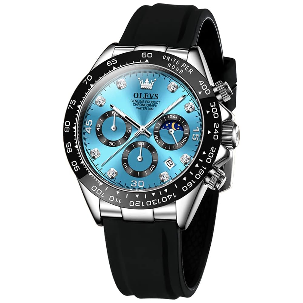 OLEVS Men s Stylish Blue Chronograph Watch with Date, Waterproof, Silicone Strap