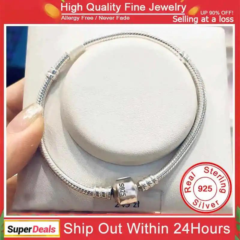 

Famous Brand Original Certified 925 Sterling Silver Bracelet for Women DIY Charms Beads Snake Link Chain Classic Wrist Jewelry 23cm