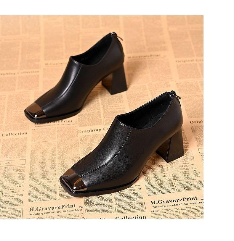 Spring 2025 new French retro square head deep mouth single shoes women's thick heel soft leather casual fashion high heels women's
