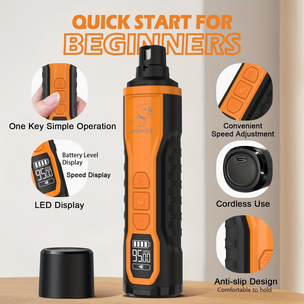 Electric Dog Nail Grinder 5-Speed Quiet Dog Nail Trimmer with LED Light Adjustable Safety Guard Rechargeable Cordless for Small To Large Dogs & Cats