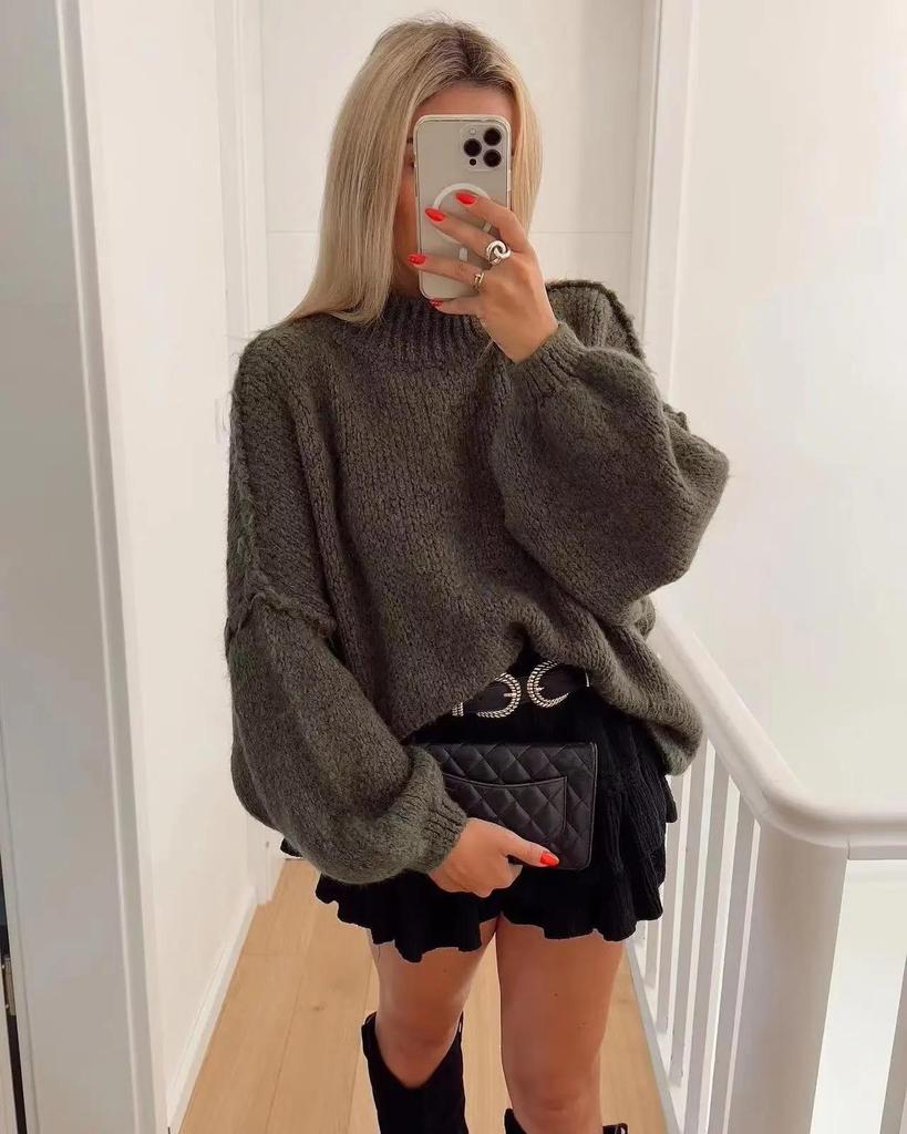 Women's European & American Street Fashion Multi-color Semi-high Neck Knitted Sweater Coat