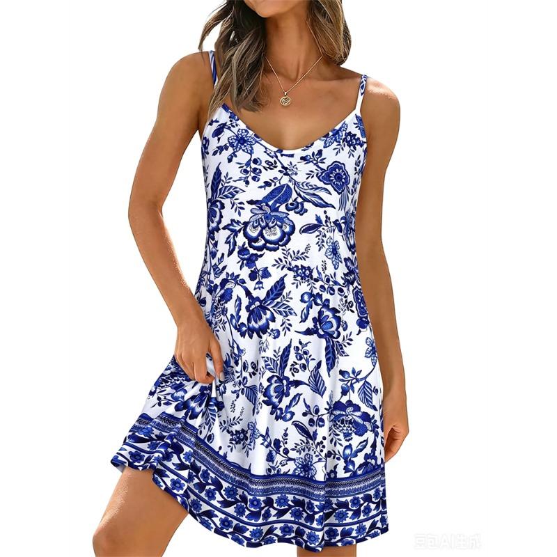 Summer Women's Simple and Elegant Daisy-Print Spaghetti-Strap Dress Round-Neck Fashionable Casual Dress