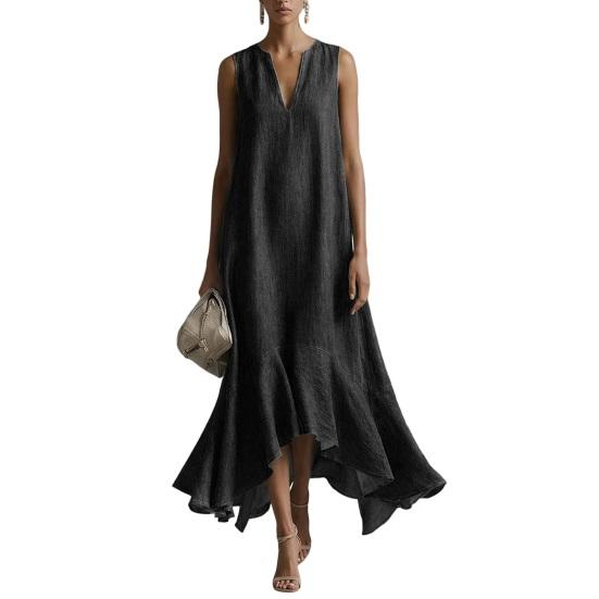 

Women s Long Denim Dress Casual Loose Sleeveless V Neck Maxi Dress Beach Vacation Ruffle Flowy Sundress S чёрный