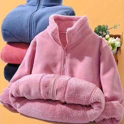 New Autumn and Winter Pink Fleece-Lined Windproof Jacket for Boys and Girls with Stand Collar, Warm and Comfortable Outerwear