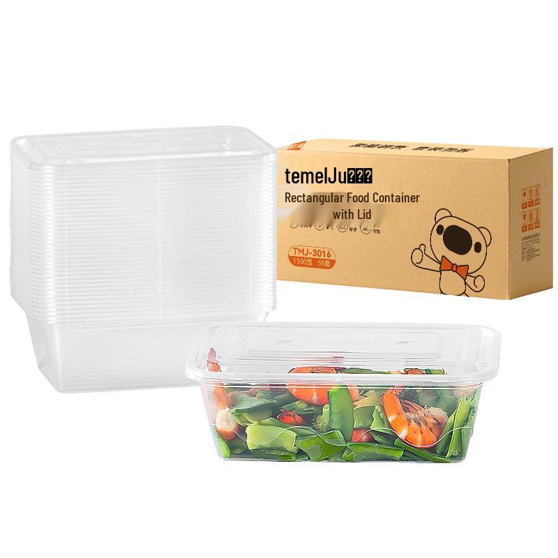 Temeiju Disposable Rectangular Food Containers with Lids, 1500ml, 50-Count