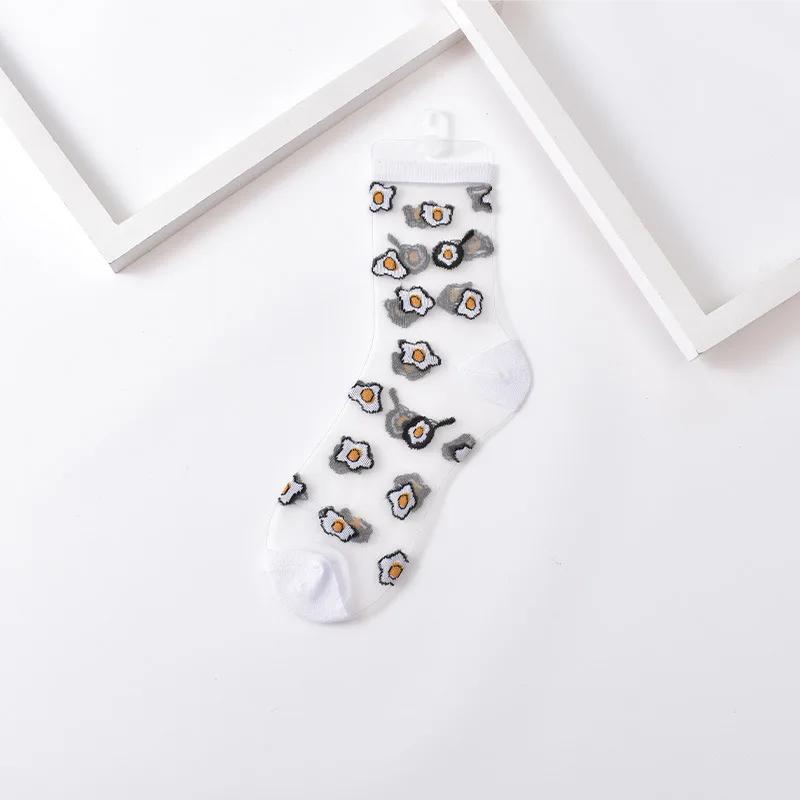 Summer Women Socks Ultra-thin Transparent Crystal Silk Socks Women Cartoon Print Japanese Kawaii Cute Funny Elastic Long Socks