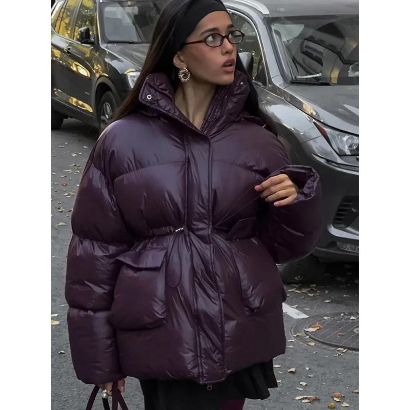 Winter Warm Burgundy Thicken Cotton Jacket Women Elegant Stand Collar Lace Pocket Zipper Coat Fashion Lady High Streetwear