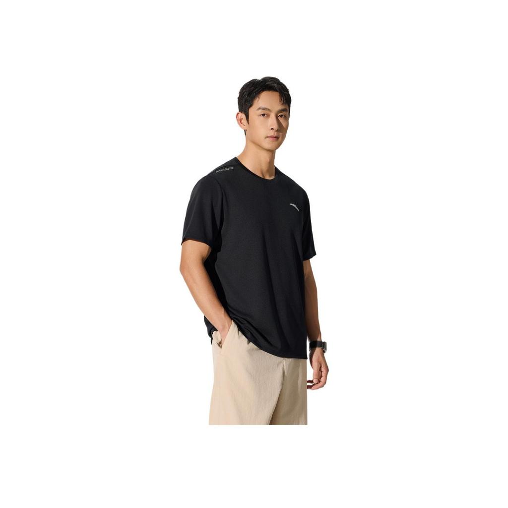 Anta Oddychający Jednolity Kolor Wygodny Casualowy T-Shirt z Krótkim Rękawem i Okrągłym Dekoltem Męskie Topy Podstawowy-Czarny 952527113-6