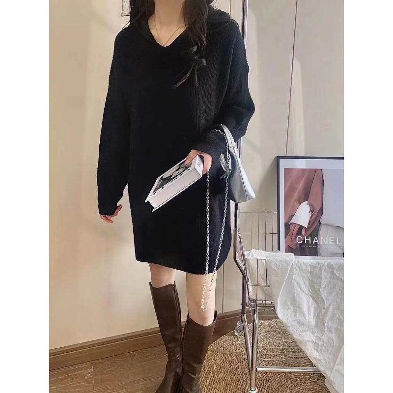 

Повседневный универсальный вязаный свитер с капюшоном женский осенне-зимний новый свободный и тонкий однотонный вязаный базовый свитер-худи One Size чёрный