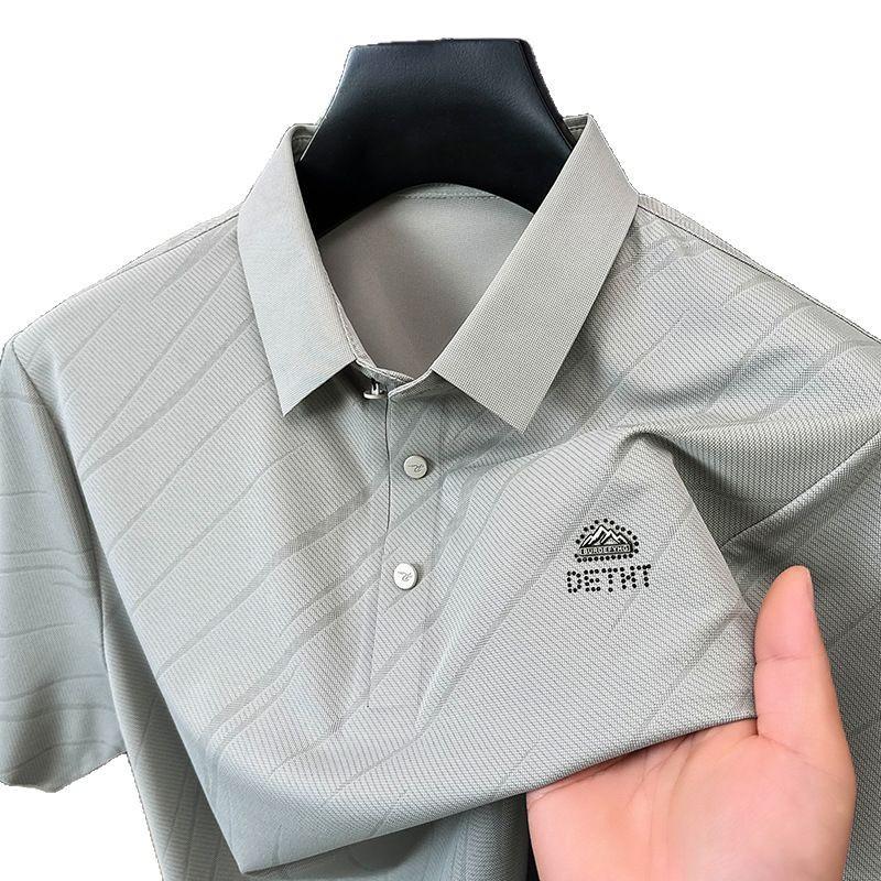 Pánské pulovrové tričko s klopou z ledového hedvábí s krátkým rukávem, trendy polokošile, ležérní top pro otce