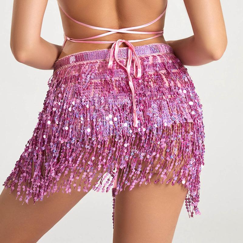 Latin Dance Hula Short Skirt Dress Stage Carnival Party Performance Hip Scarf Three-Layer Tassel Belly Dance Sequins Waist Chain