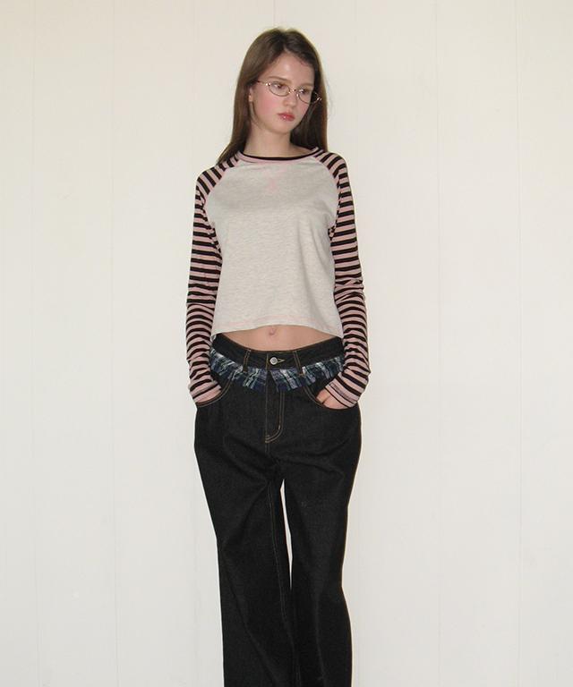 RONRON Outstitch Stripe Raglan Long Sleeve Pink