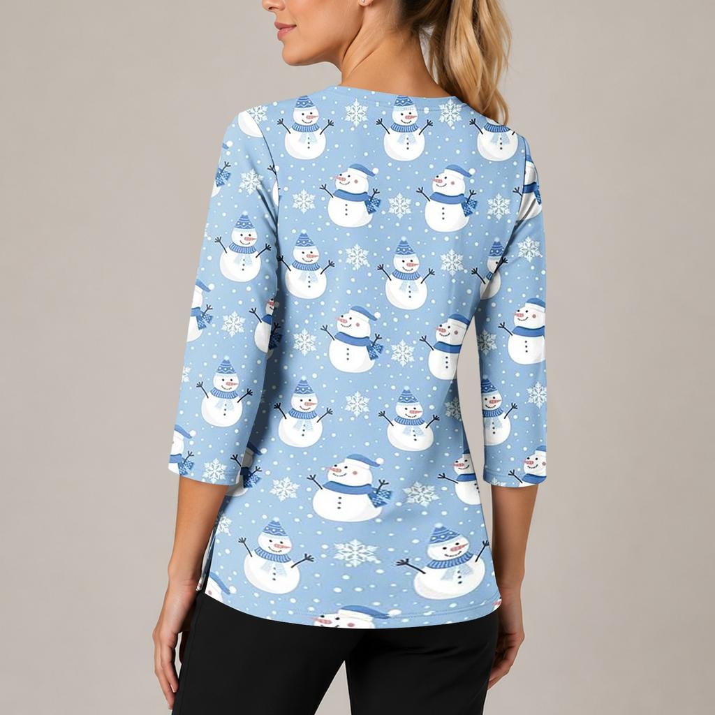 Women's Christmas Print Uniform V-Neck Scrub -Quarter Sleeve for Caregivers