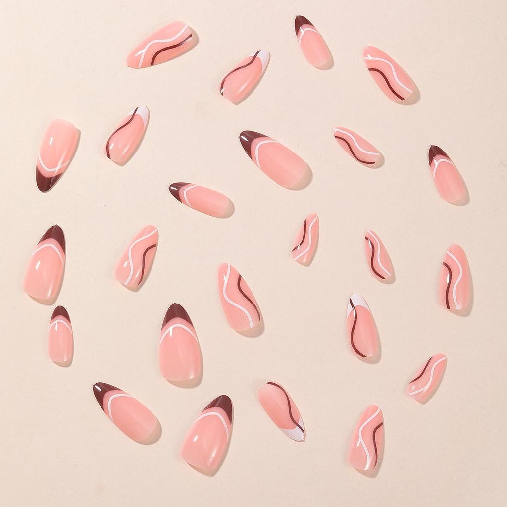 Brown Almond-Shaped French Tip False Nails with Irregular Lines, Removable Nail Art Patches