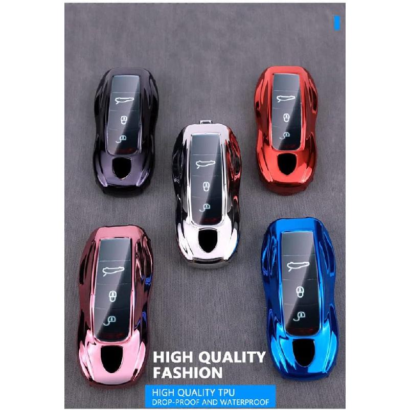 HIBEYO TPU Car Key Fob Cover with Keychain Fits for Porsche Macan Cayenne Panamera Boxster Cayman Carrera Turbo 718 911 918 Car Key Case Cover Smart