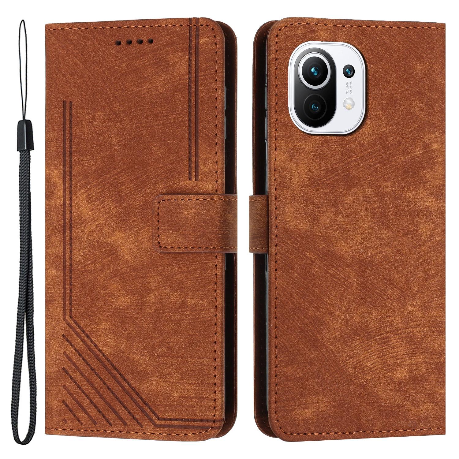 

For Xiaomi 11 Lite 5G NE/Mi 11 Lite 4G/5G Drop-proof Leather Wallet Shell Lines Imprint Skin-touch Folding Stand Phone Case Brown