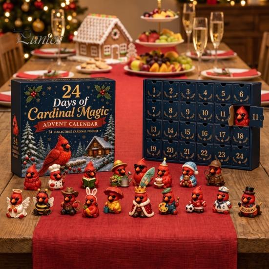 Christmas Desk Decor Red Bird Advent Calendar, 24 Unique Miniature Holiday Ornament Set Figurines, Tree Hanging Ornaments for Gifts Parent Child