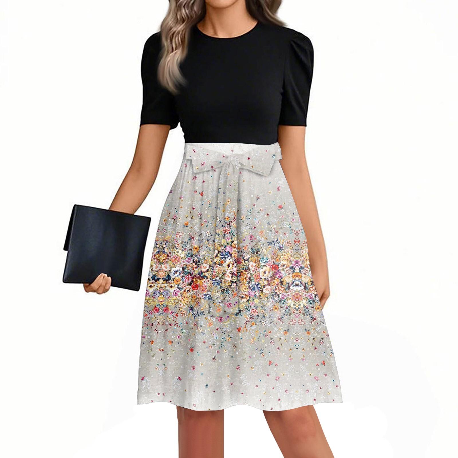 

Women s Fashionable Casual Belt Short Sleeved Round Neck Printed Patchwork Dress L бежевий