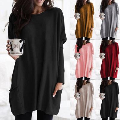 Moda feminina casual manga comprida bolsos de cor sólida tops de algodão soltos