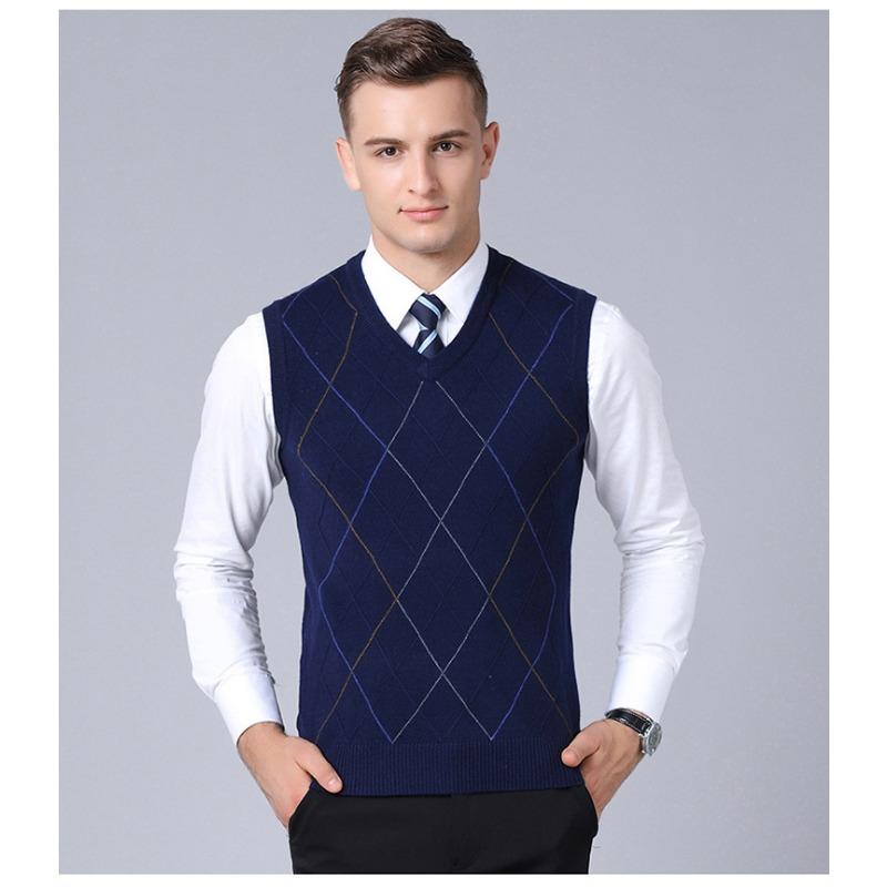 Men S Sleeveless V Neck Plaid Knit Vest Pullover Casual Top