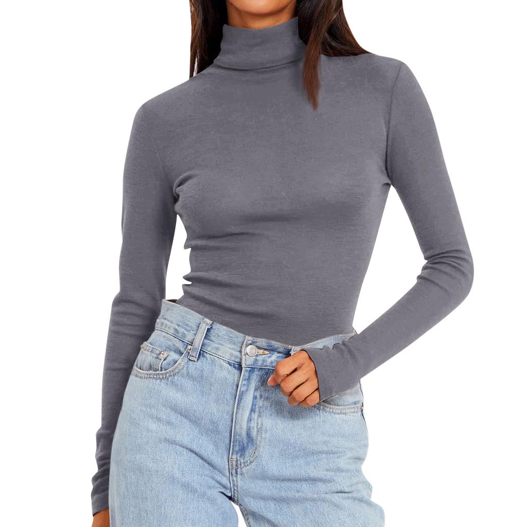Women's Turtleneck Long Sleeve Shirts Solid Color Fall Fashion Basic Slim Fit Soft Thermal Tops